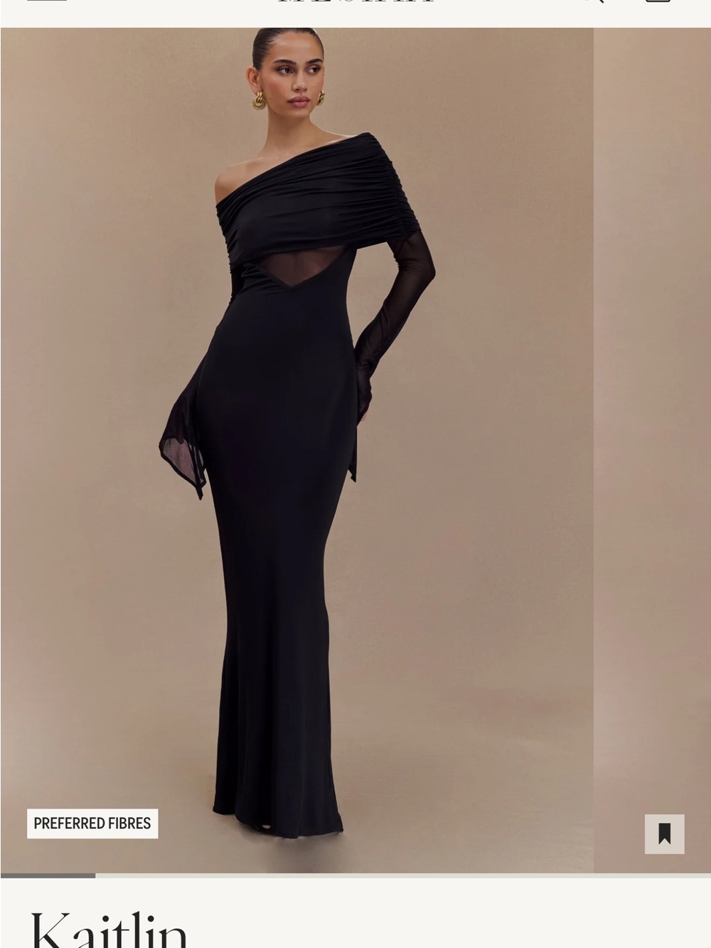 Meshki One-Shoulder Black Evening Gown with Sheer Sleeve